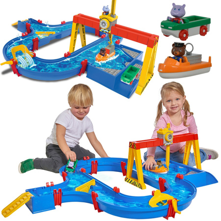 Aquaplay Duży zestaw Tor Wodny Port kontenerowy + 2 pojazdy i figurki