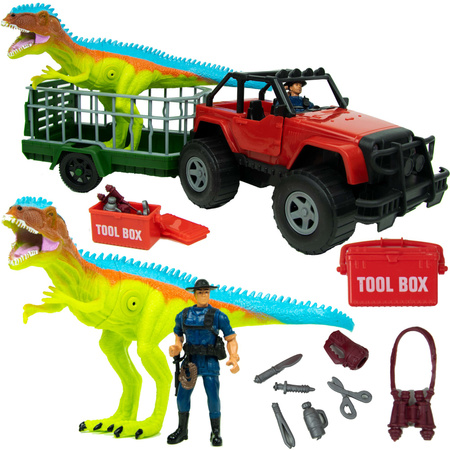 Dinozaur Pojazd Łapacz Dinozaurów T-Rex Dino 27 Cm Jeep Z Przyczepą Klatka 