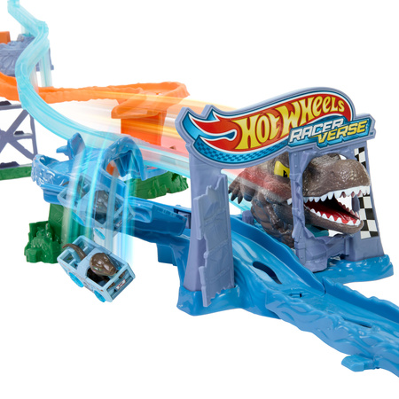 Hot Wheels Racerverse Jurassic World Crash&Splash Morski Dinopościg tor samochodowy + pojazd