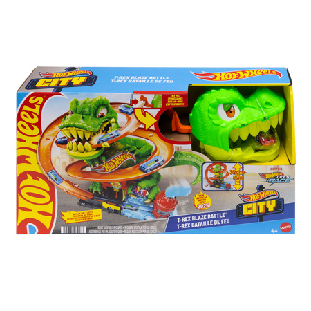 Hot Wheels City Remiza T-Rexa zakręcony tor samochodowy T-Rex Blaze Battle + pojazd