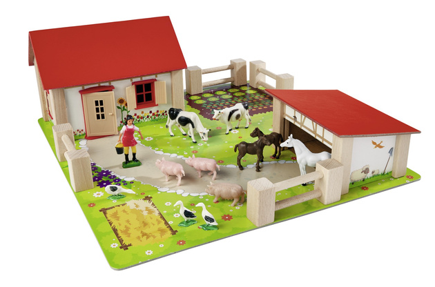 OUTLET Drewniana Farma Zagroda + figurki zwierzątka wiejskie gospodarstwo domowe 23 elementy WADLIWA
