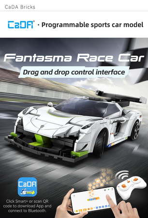 Klocki konstrukcyjne CaDA Samochód zdalnie sterowany Auto wyścigowe białe 22 cm Fantasma Race Car Pojazd 322 elementy RC Dual Mode