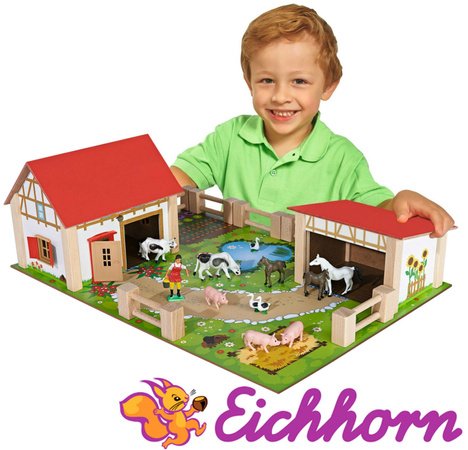 Zestaw Eichhorn Drewniana farma 25 elementów+Savage zestaw Figurek Dinozaurów w pojemniku 55 elementów