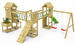 Plac zabaw drewniany ogrodowy Premium XXL Optimizer KDI 2x domek, 2x huśtawka, zjeżdżalnia, kuchnia, stół piknikowy, 2x most, ścianka, kładka i lina do wspinaczki, akcesoria
