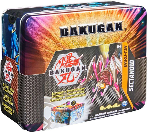 Bakugan Baku-Tin pudełko puszka pojemnik do przechowywania + 2 figurki i karty Sectanoid