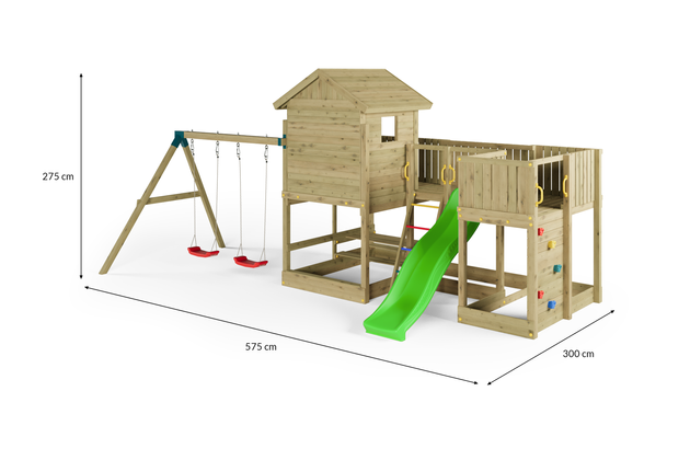 Fungoo Plac zabaw drewniany ogrodowy Longstepper z dwiema huśtawkami zjeżdżalnią