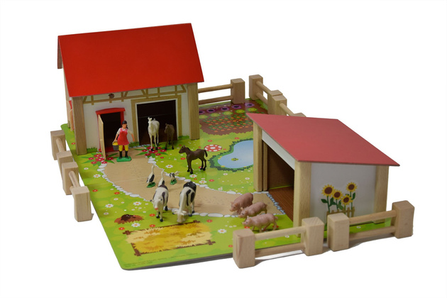 Zestaw Eichhorn Drewniana farma 25 elementów+Savage zestaw Figurek Dinozaurów w pojemniku 55 elementów