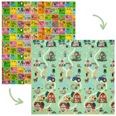 Dwustronna Składana Mata Edukacyjna z pianki XPE Podłogowa Bezpieczna 180x200 alfabet niemiecki wieś Humbi