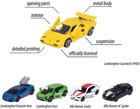 Zestaw 5 metalowych pojazdów Wyścigówki Włoskie resoraki Dream Cars Alfa Romeo Lamborghini na prezent
