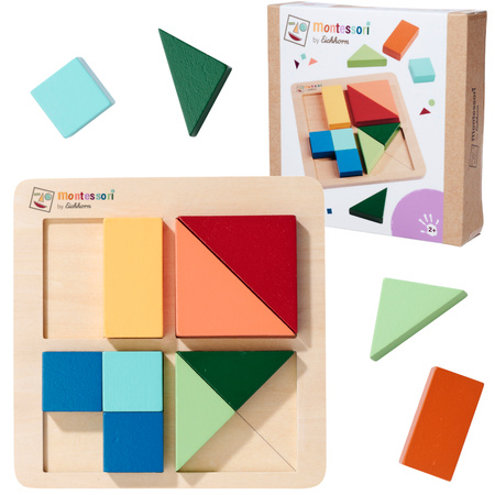 Montessori Kolorowe Drewniane Puzzle Kwadraty Trójkąty Prostokąty 13 Elementów