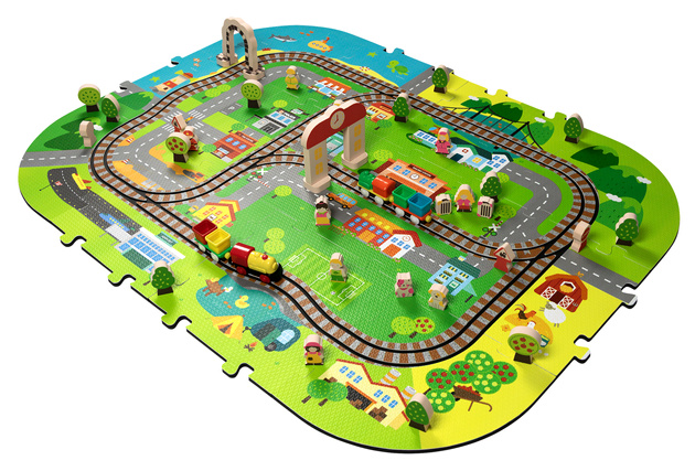 Mata Piankowa Deluxe 3D z Pociągiem na Baterie i Torami – Zestaw Edukacyjny Miasto 56 Elementów 3W1
