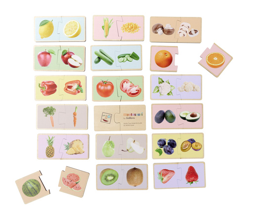 Montessori Kolorowe Drewniane Puzzle Układanka edukacyjna Owoce i Warzywa 34 elementy