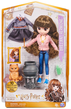 Lalki figurki kolekcjonerskie Harry Potter i sowa Hedwiga oraz Brilliant Hermiona Granger z kociołkiem i rudy kot Krzywołap + akcesoria 20 cm