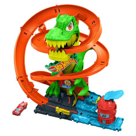 Hot Wheels City Remiza T-Rexa zakręcony tor samochodowy T-Rex Blaze Battle + pojazd