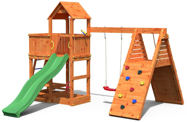 Plac zabaw drewniany ogrodowy Fluppi Painted Teak domek, zjeżdżalnia, huśtawka, piaskownica, stół piknikowy, rampa z liną, ścianka, drabinka, akcesoria