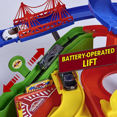 Zestaw Wielki Garaż Parking Super City 7 poziomów + 6 samochodów i lokomotywa z dźwiękiem i światłem