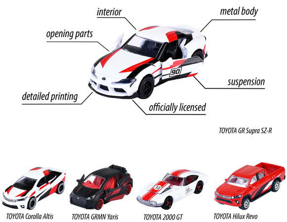 Zestaw 5 metalowych pojazdów wyścigówki sportowe resoraki Toyota Racing Supra Corolla GT na prezent