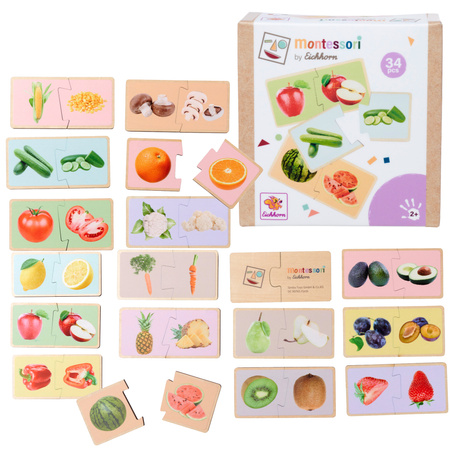 Montessori Kolorowe Drewniane Puzzle Układanka edukacyjna Owoce i Warzywa 34 elementy