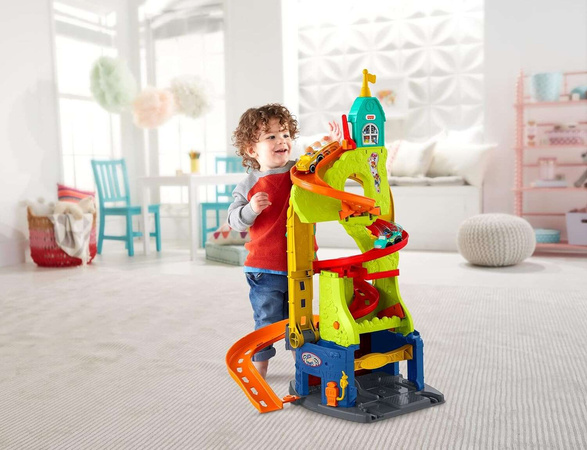 Fisher Price Miasteczko 2w1 Wielki Tor samochodowy XXL Garaż 76 cm Zjeżdżalnia Parking Wieża + 2 autka