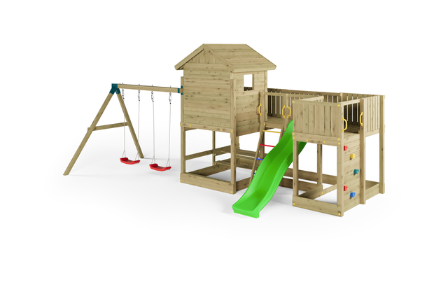 Fungoo Plac zabaw drewniany ogrodowy Longstepper z dwiema huśtawkami zjeżdżalnią