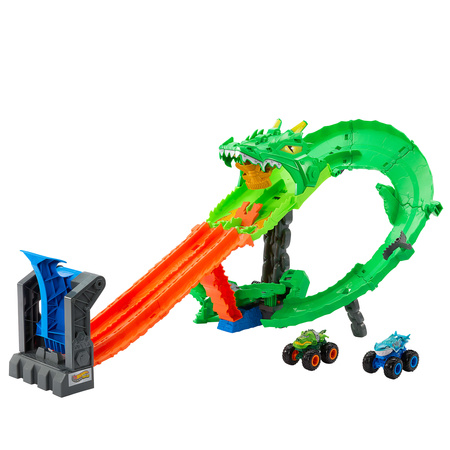 Hot Wheels Monster Trucks tor samochodowy Smoczy Wyścig Dragon Demolition + 2 autka