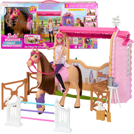 Barbie Zestaw z lalką i koniem Stadnina Marzeń Barbie Mysteries Wielki Pościg Konny z 25 elementami