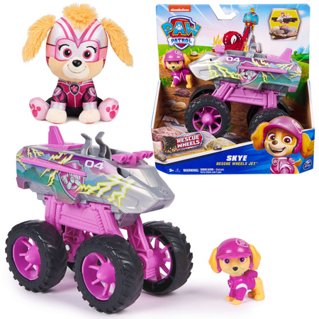 Zestaw Psi Patrol Skye pojazd odrzutowiec Rescue Wheels+ figurka i maskotka 15 cm 