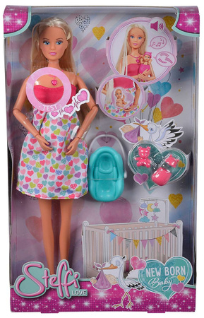 Zestaw Lalka Steffi w ciąży z dźwiękiem Bobas, nosidełko i akcesoria