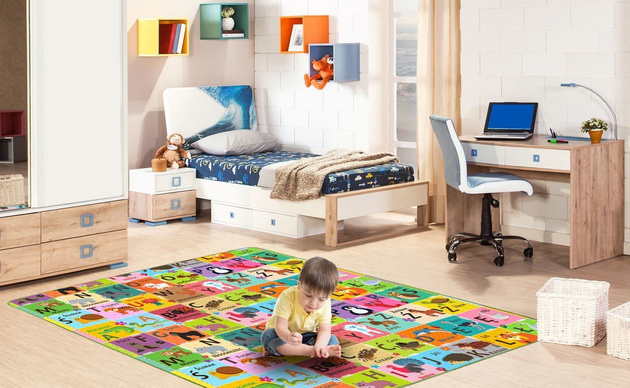 Humbi Piankowa dwustronna mata edukacyjna Szachownica 3w1 Polski Alfabet Cyfry Obrazki Kontrastowe czarno-biała 180 x 200 x 0,5 cm