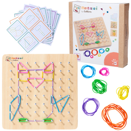 Montessori Zestaw Drewniana Plansza Gumki + Wzory Tablica Geometryczna 85 Elementów