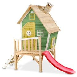 Drewniany domek ogrodowy dla dzieci ze zjeżdżalnią, werandą i schodkami Fantasia 300 zielony