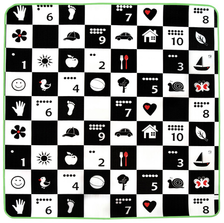 Humbi Piankowa dwustronna mata edukacyjna Szachownica 3w1 Polski Alfabet Cyfry Obrazki Kontrastowe czarno-biała 180 x 200 x 0,5 cm