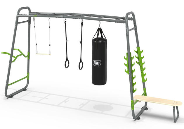 Siłownia ogrodowa Fitness Stanowisko gimnastyczne GetSet MB330: poręcze, pozioma drabinka, drążek, stacja, kółka, worek treningowy, ławka, trapez