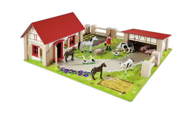 OUTLET Drewniana Farma Zagroda + figurki zwierzątka wiejskie gospodarstwo domowe 23 elementy WADLIWA