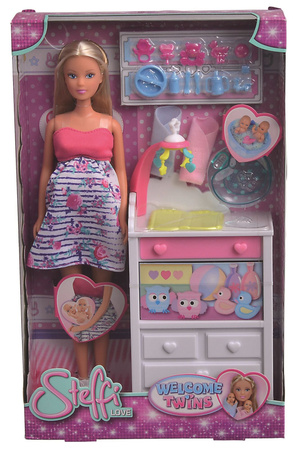 Zestaw Lalka Steffi w bliźniaczej ciąży, 2 bobasy, dzieci komoda + akcesoria do opieki