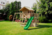 Plac zabaw drewniany ogrodowy Galaxy Sunshine KDI domek, 2x huśtawka, zjeżdżalnia, skrzynia piknikowa, ścianka do wspinaczki, schodki, akcesoria