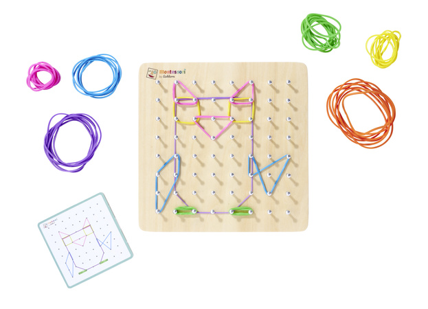 Montessori Zestaw Drewniana Plansza Gumki + Wzory Tablica Geometryczna 85 Elementów