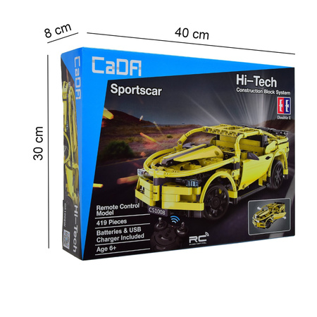 Klocki konstrukcyjne CaDA Hi-Tech Zdalnie sterowana Wyścigówka samochód żółty Auto Sportowe 30 cm Sportscar 419 elementów RC