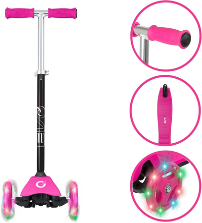 EVO Regulowana Trójkołowa Hulajnoga dla Dzieci Light Up Mini Cruiser Różowy Świecące kółka