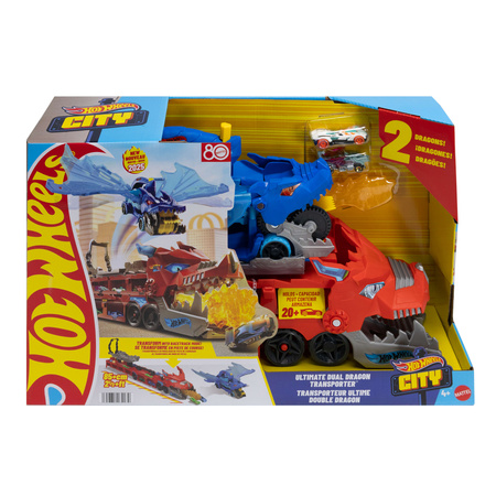 Hot Wheels City Transporter zestaw Ultimate Dual Dragon + dwa pojazdy