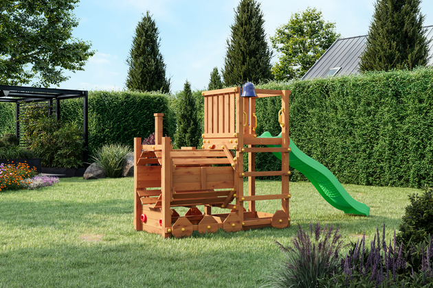 Fungoo Plac zabaw drewniany ogrodowy Loco pociąg lokomotywa zjeżdżalnia