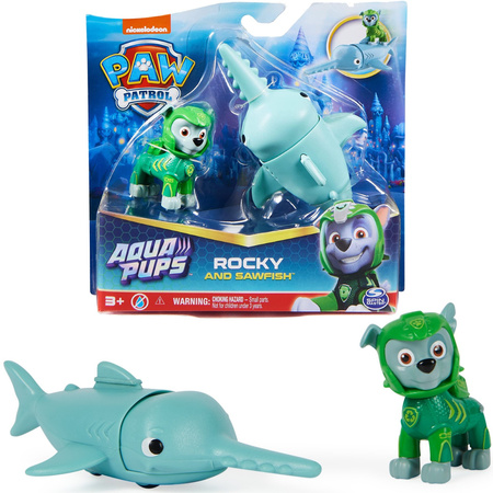 Psi Patrol Zestaw Aqua Pups mała figurka Rocky i ryba Piła z ruchomą głową