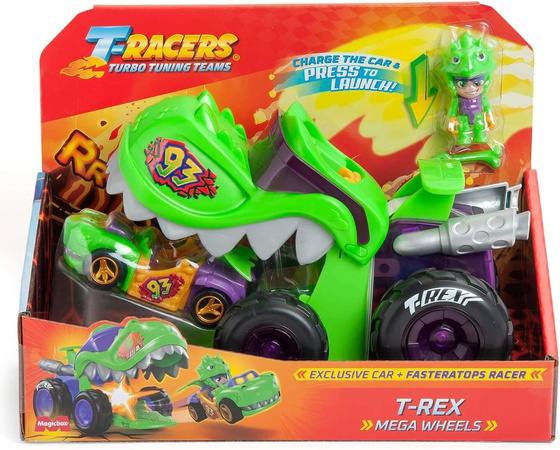 Zestaw T-Racers T-Rex Mega Wheels Auto wyrzutnia i kierowca