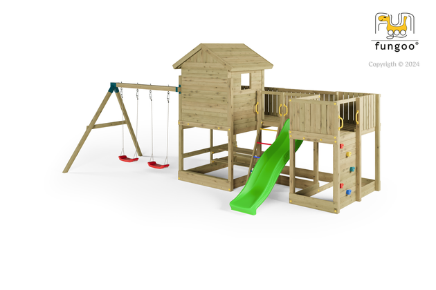 Fungoo Plac zabaw drewniany ogrodowy Longstepper z dwiema huśtawkami zjeżdżalnią