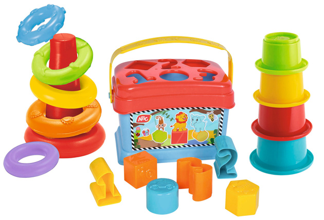 ABC Koszyk z pokrywką Zestaw Sorter z klockami + wieża i piramidka