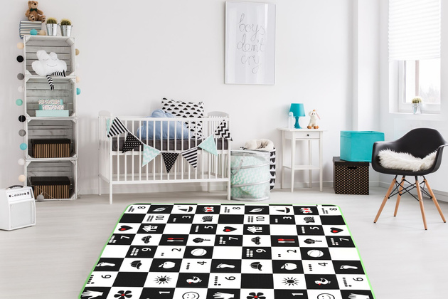 Humbi Piankowa dwustronna mata edukacyjna Szachownica 3w1 Polski Alfabet Cyfry Obrazki Kontrastowe czarno-biała 180 x 200 x 0,5 cm