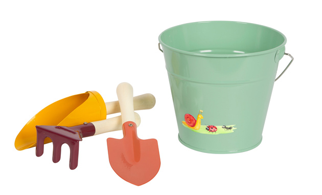 Zestaw akcesoriów ogrodowych wiaderko grabki łopatka