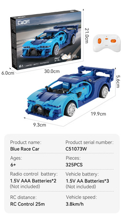 Klocki konstrukcyjne CaDA Zdalnie sterowany samochód Auto wyścigowe Wyścigówka Pojazd RC Blue Race Car Dual Mode 325 elementów