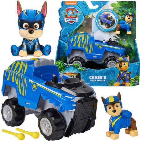 Zestaw Psi Patrol Jungle Pups Pojazd Chase'a + figurka i maskotka Chase 23 cm