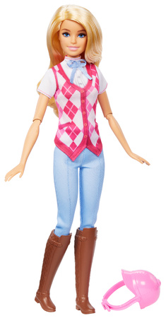 Zestaw Barbie w stroju jeździeckim z hełmem dżokejka + interaktywny koń Tornado Wielki Pościg Konny